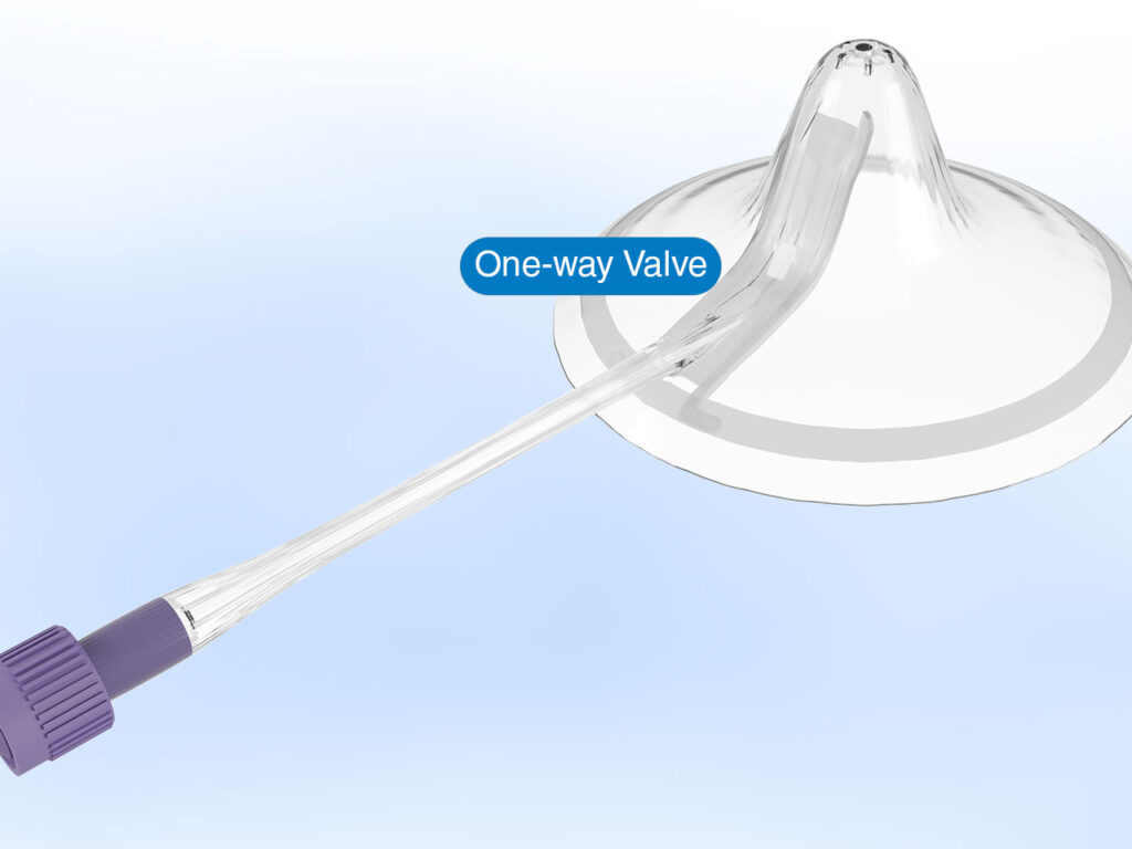 Product shot of the Neotech Bridge with a text call out indicating the one-way valve feature.